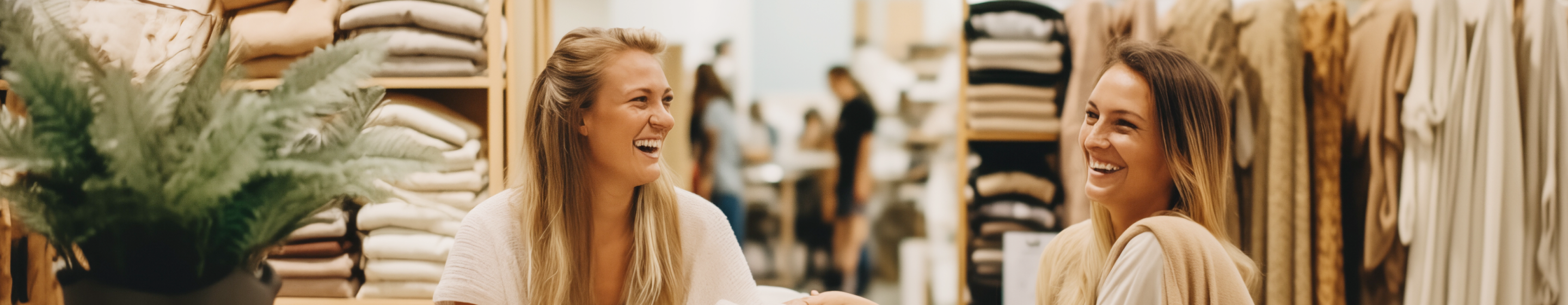 Two blonde women talk and laugh in a retail store. The background shows towels, blankets, and clothing.