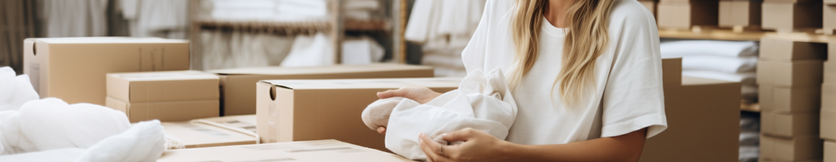 An employee stands among shipping boxes, preparing customer orders
