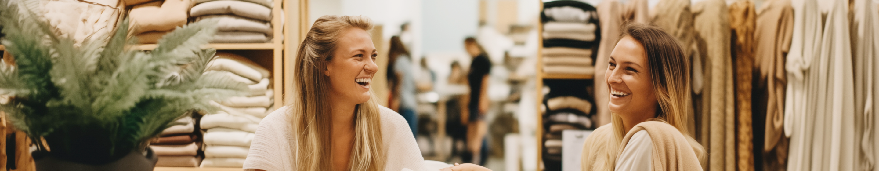 Two blonde women talk and laugh in a retail store. The background shows towels, blankets, and clothing. 