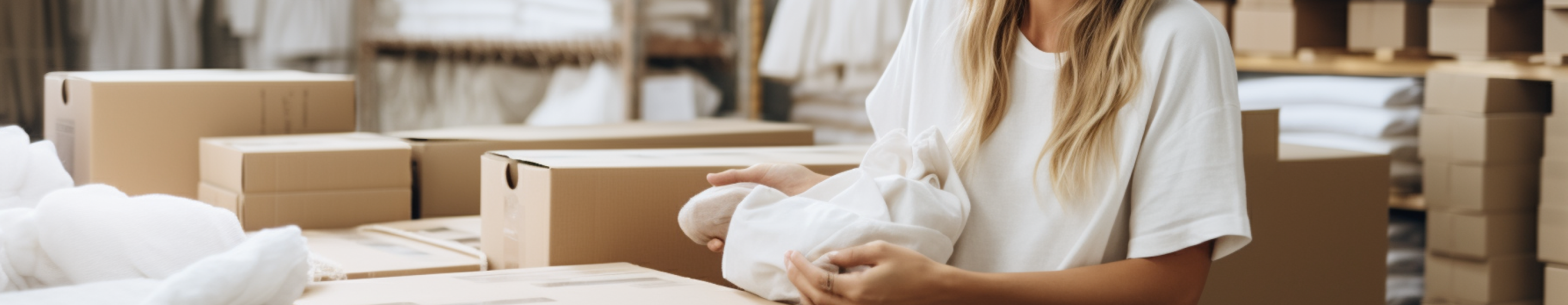 An employee stands among shipping boxes, preparing customer orders 